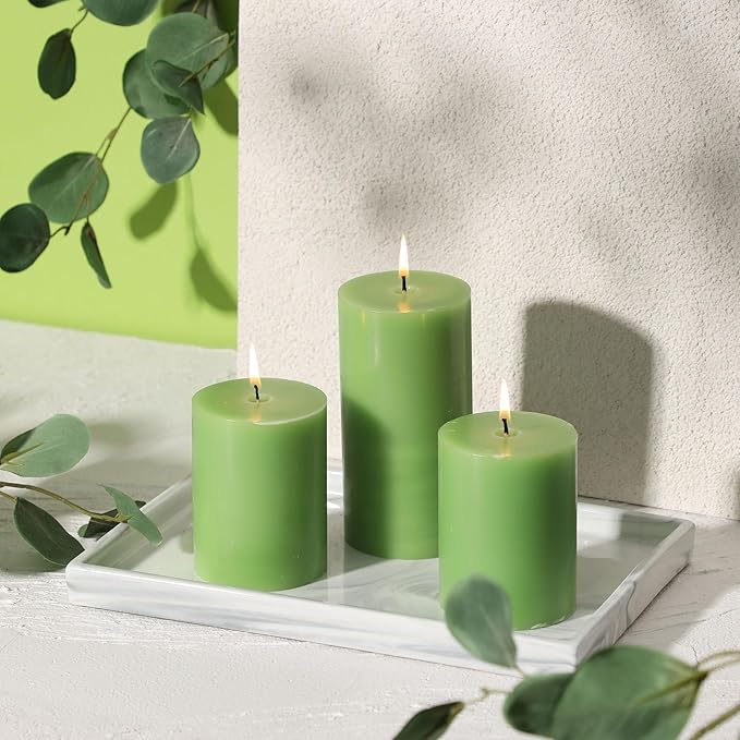 3x6 Inch Green Pillar Candles Set of 3 - Decorative Unscented Pillar Candle, Long Burning Dripless Candle for Table Decor, Smokeless Large Pillar Candles for Wedding Table Decor