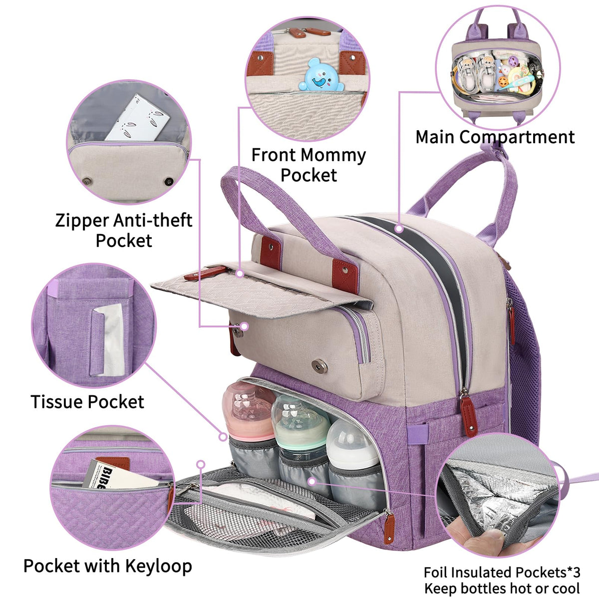 Diaper Bag Backpack, Large Unisex Baby Bags for Boys Girls, Purple Baby Nappy Diaper Bag, Multipurpose Travel Back Pack for Moms Dads with Insulated Pockets and Stroller Straps