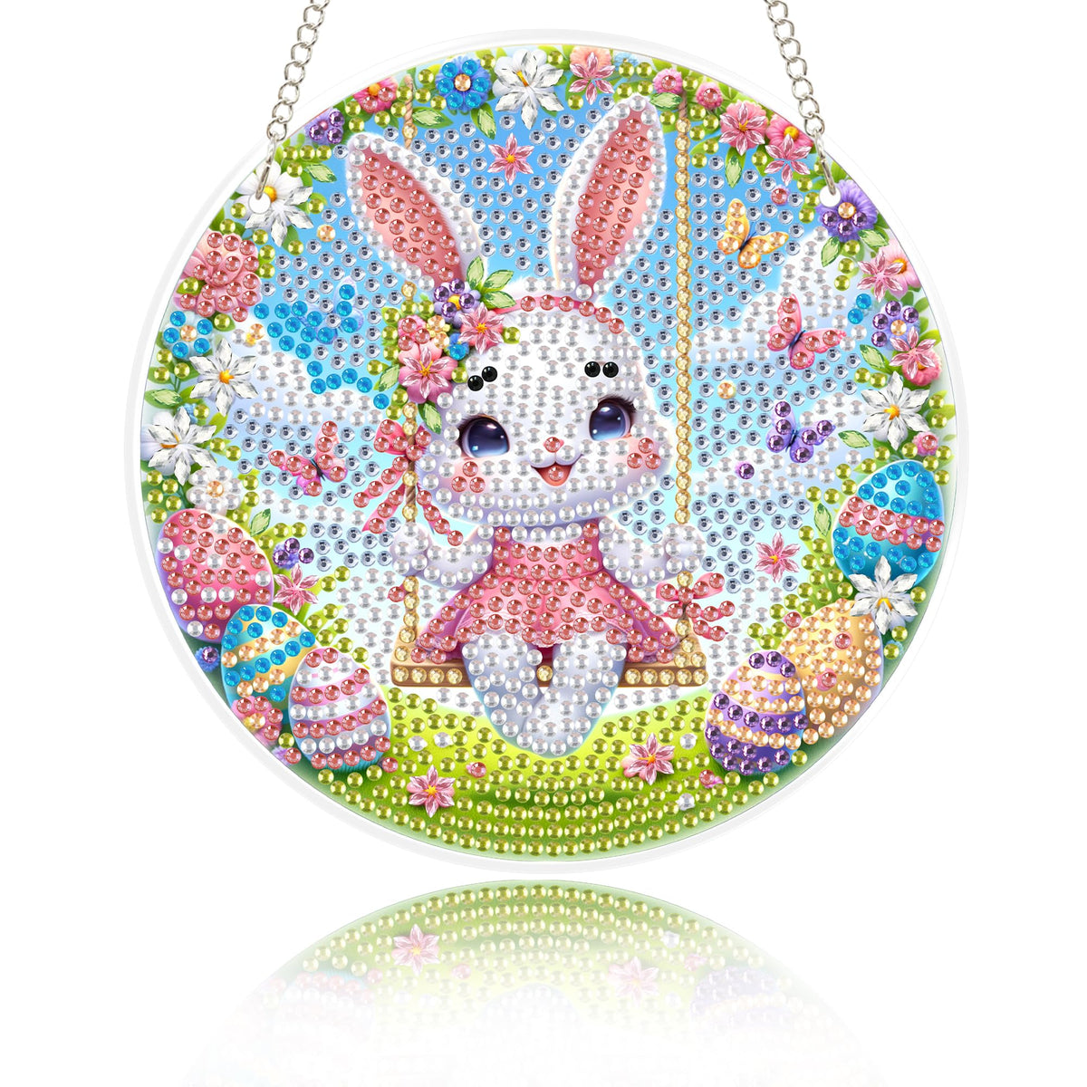 Eiflow Glass Diamond Art Kit Hanging Ornament, DIY Stained Glass Diamonds Painting Hanging Board Kit, Crystal Diamond Art Painting Easter Pendant Full Drill (Swing Bunny)