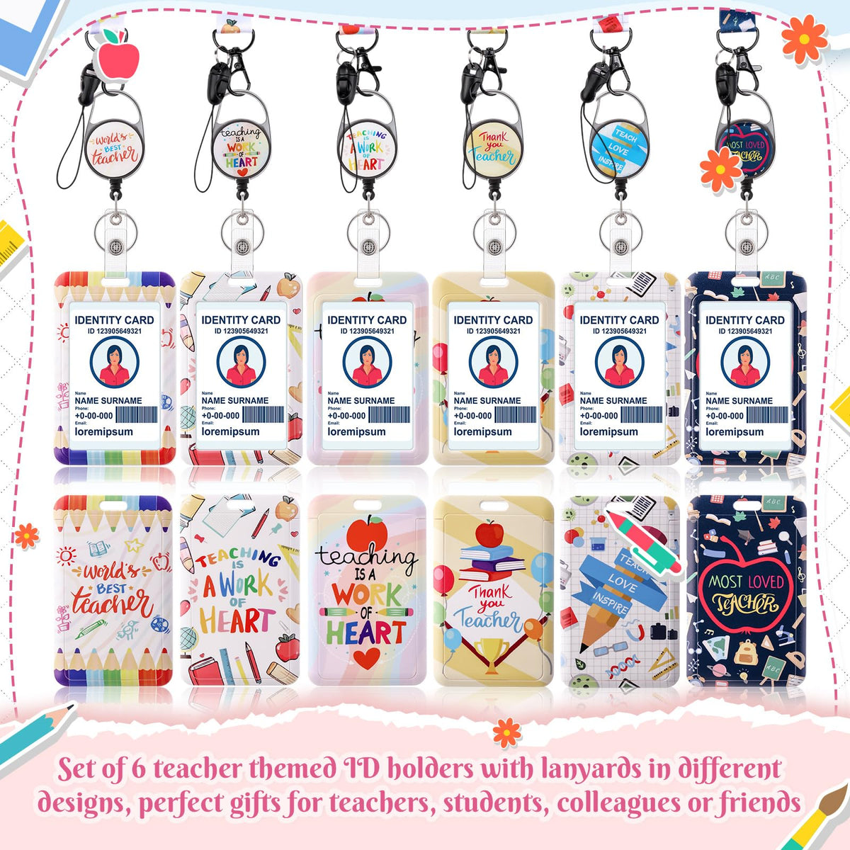 Geyoga 6 Pack Christmas Teacher ID Badge Holder with Breakaway Lanyard Pencil Book Cute ID Badges with Retractable Clip Card Holder Keychain for Women Christmas Gifts (Cute)