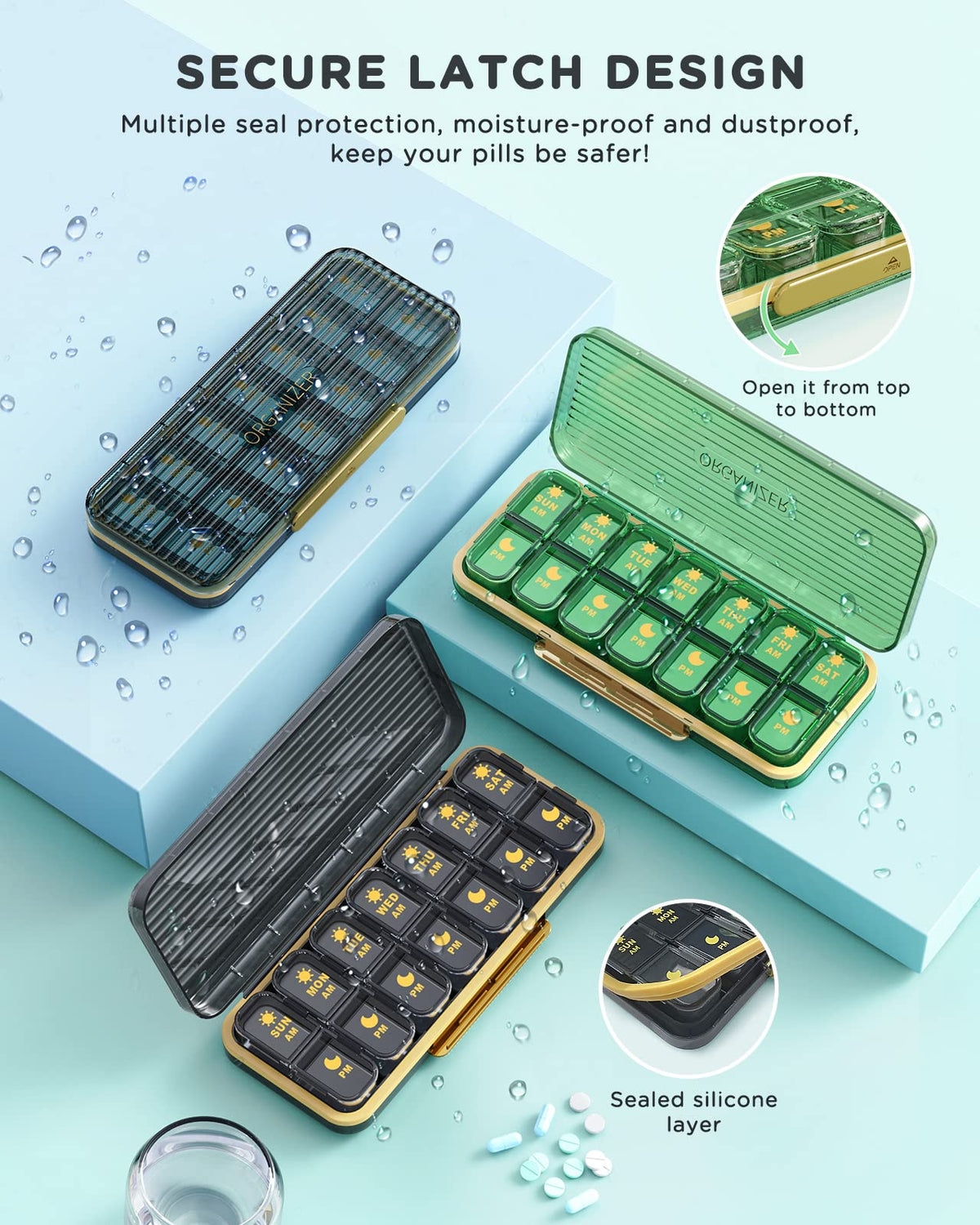 Pill Organizer 2 Times A Day, 7 Day Am Pm Pill Box - Acedada Weekly Pill Organizer with Separate Container, Portable Daily Medicine Planner Dispenser Case for Vitamin, Fish Oils, Supplements, Green