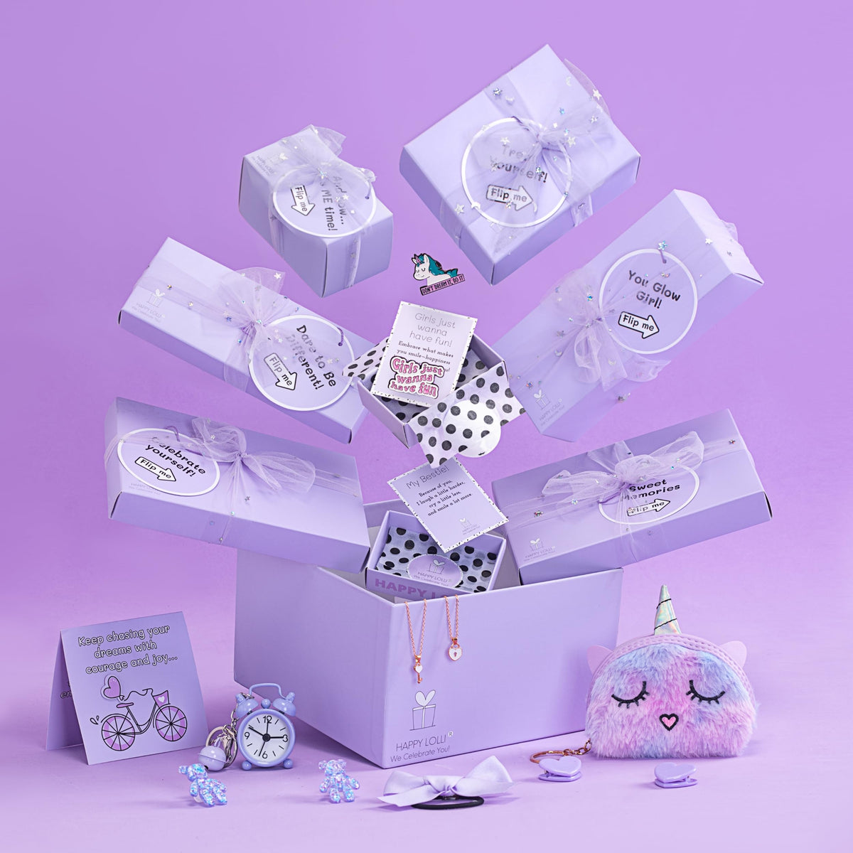 HAPPY LOLLI Purple LolliBox Gift Set for Tween & Teen Girls Ages 8–15, Birthday Gift Box, Ready-to-Gift Surprise Box with 8 Individually Wrapped Gifts & Empowering Challenges