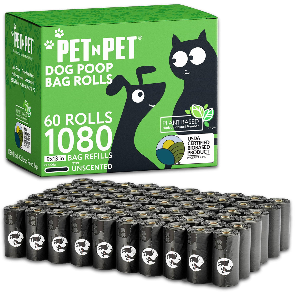 Pet N Pet 1080 Counts Black Poop Bags for Dogs, 41% Plant Based & 59% PE Extra Thick Dog Poop Bags Rolls, 9" x 13", Unscented Pet Waste Bag