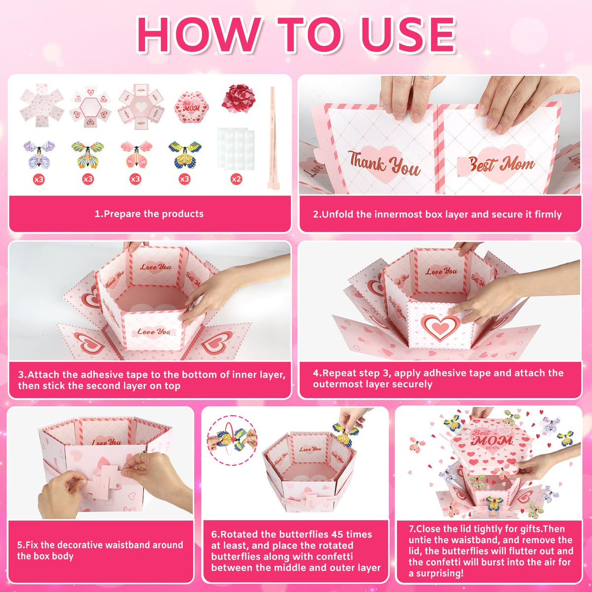 Sereliy Flying Butterfly Surprise Gift Box, Mother’s Day Explosion Box with 12pcs Flying Butterflies & Confetti, Large DIY Explosion Gift for Mothers Birthday
