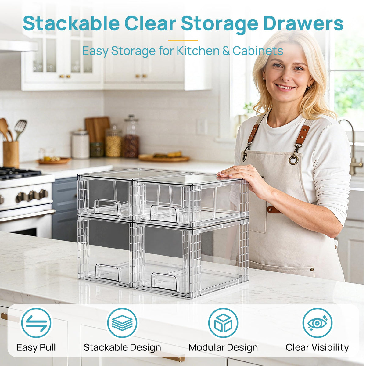 Vtopmart 4 Pack Clear Stackable Storage Drawers,Under Sink and Kitchen Organizers Storage,Easy to Assemble Plastic Drawers for Baby Bottle,Medicine, Bathroom,Cabinet and Pantry Organization