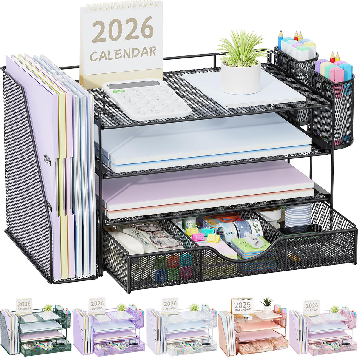 gianotter Desk Organizers and Accessories with File Holder, 4-Tier Desk Accessories & Workspace Organizers with Drawer and 2 Pen Holder, Paper Organizer for Office Supplies (Black)