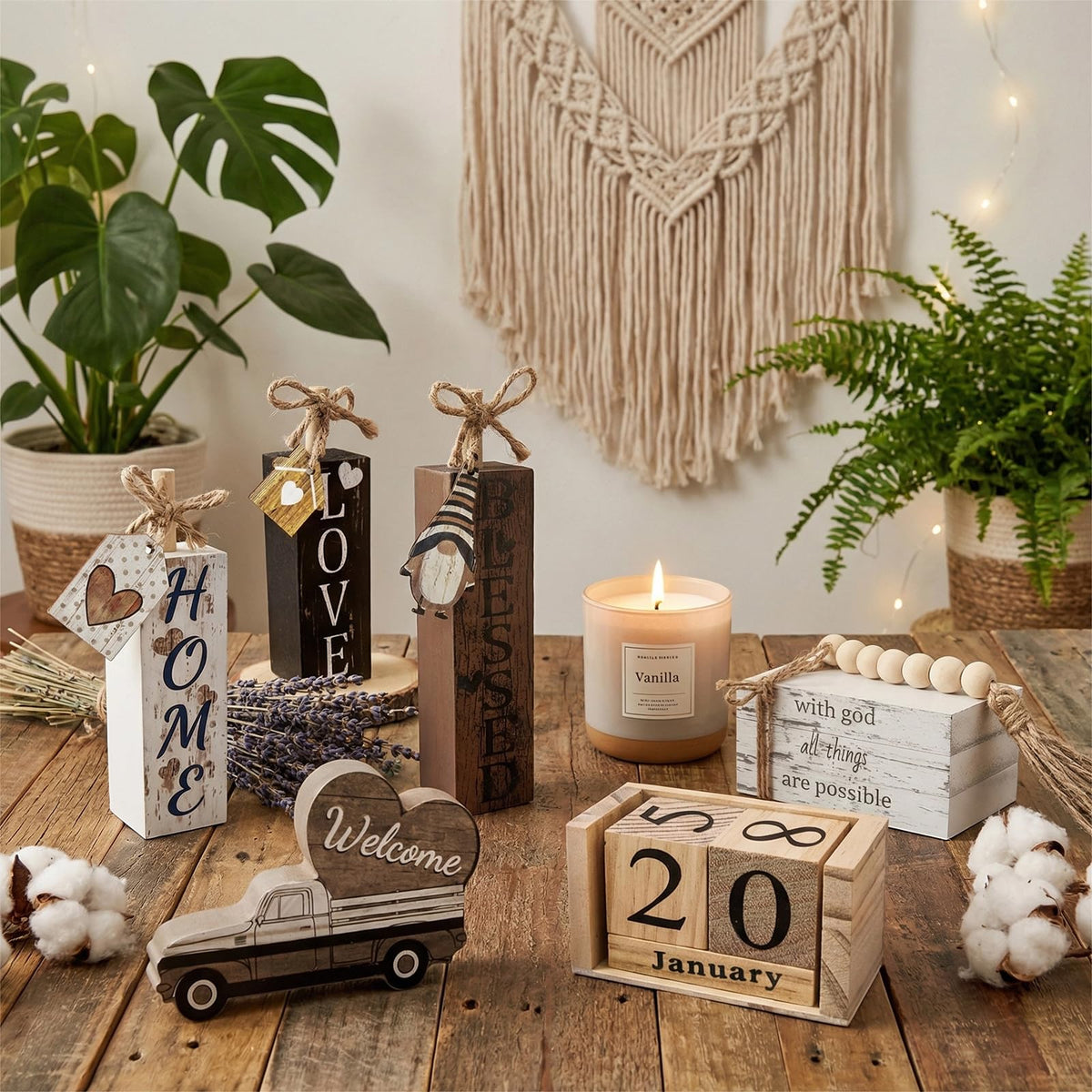 Farmhouse Wooden Table Decor White Faux Books for Decoration with Wood Bead Garland, Wooden Perpetual Block Calendar Rustic Tiered Tray Decor for Home Sweet Kitchen Entryway Living Room Shelves