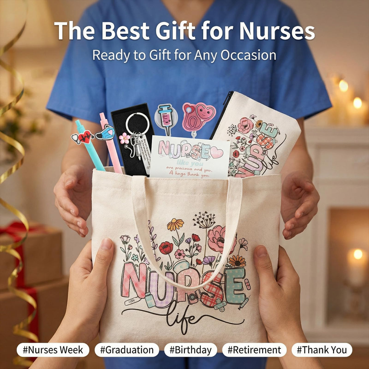 BESARME Nurse Gifts Set for Women, Nurse Essentials Graduation Gifts with Canvas Tote Bag, Keychain, Badge Reel Clips, Pens, Pouch, Greeting Card - Nurse Appreciation Gift