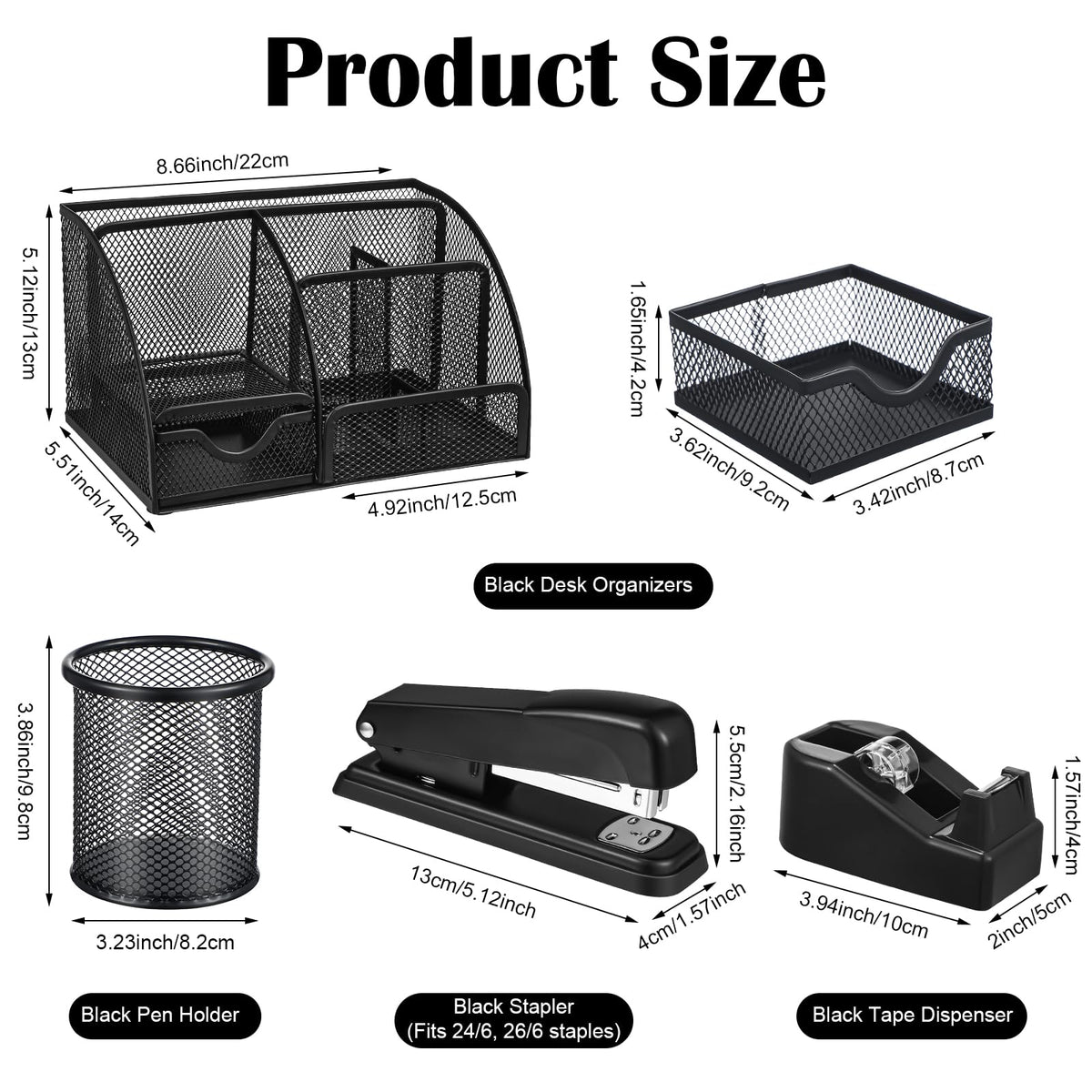 Black Desk Organizer and Accessories, Black Desk Asccessories Office Supply Kit Include Mesh Desktop Organizer Stapler 1000 Staples Tape Dispenser Pen Holder Staple Remover Clips Ruler Scissors