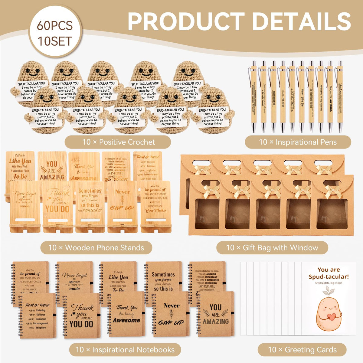 60 PCS/10 Sets Teacher Employee Appreciation Gifts Bulk – Thank You Gifts for Coworkers with Kraft Paper Gift Bags,Greeting Card,Inspirational Notebooks,Phone Stand,Team Gift for Staff, Nurse, Office