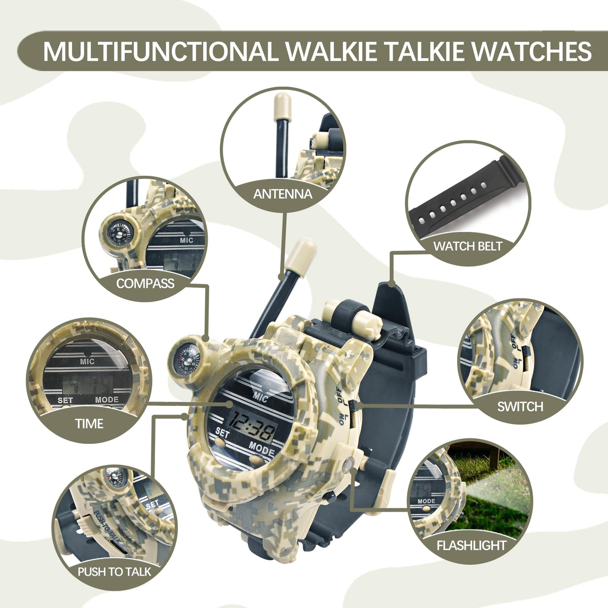 cxjoigxi Walkie Talkies for Kids Rechargeable, Spy Watch Army Toys, 7 in 1 Walkie Talkie Watches with Flashlight, Two-Way Radios Long Range Interphone Toy Gifts for Boys Girls fit Outdoor Game Camping