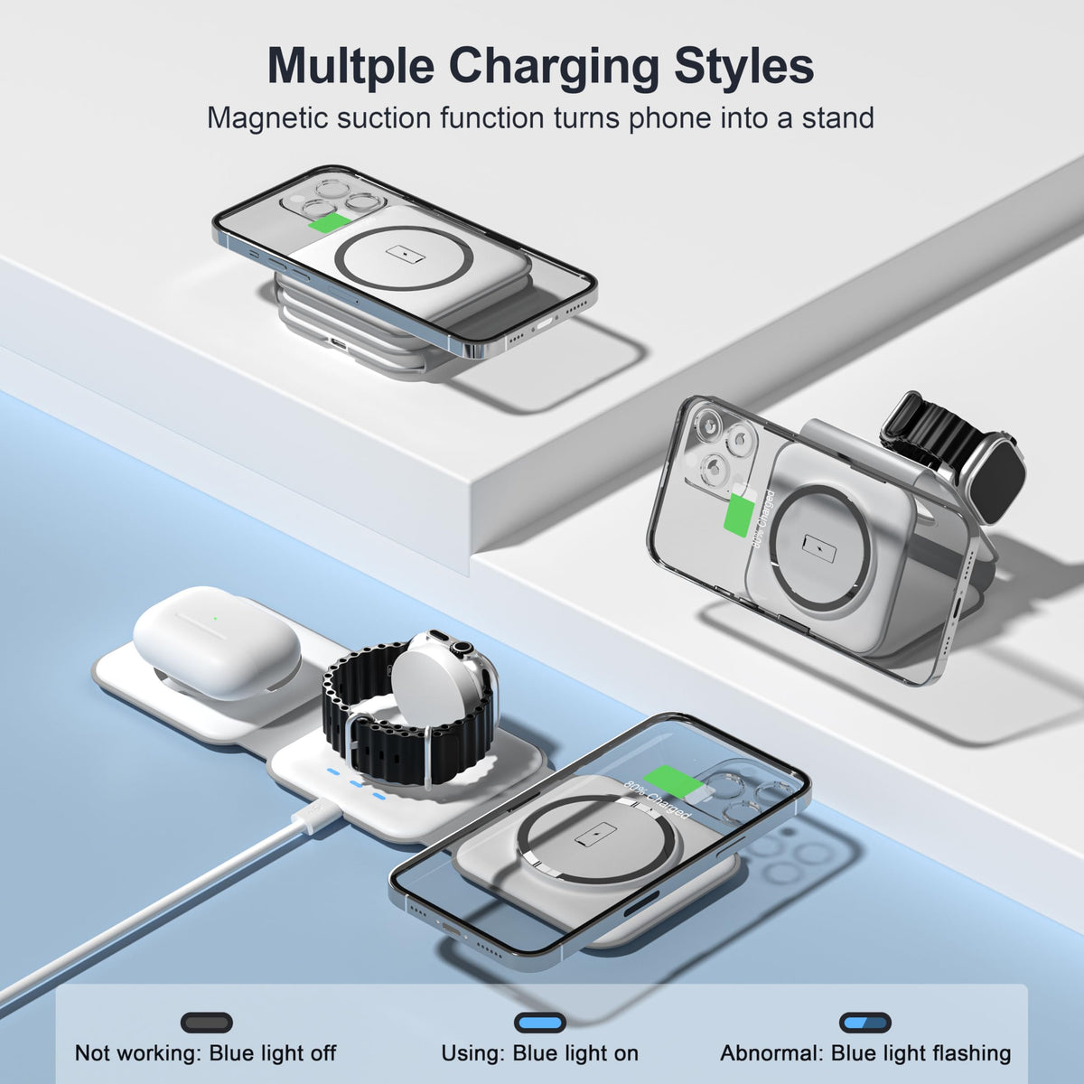 UCOMX 3 in 1 Charging Station for Multple Devices,Foldable 3 in 1 Wireless Charger for Travel,NANO Wireless Charging Station for iPhone17 16 15 14 13 12 Pro Max/Watch 10 9 8 7 6 5 4 3 Ultra/AirPod Pro