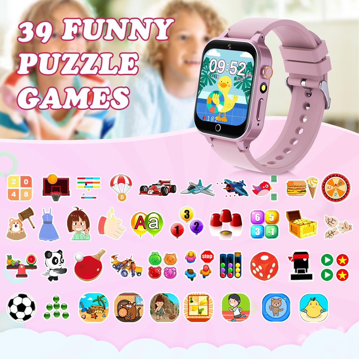 ST-CARE Kids Smart Watch with Camera, Video, Music Player, Alarm Clock, Stopwatch, Calendar, Pedometer, 1.54'' HD Touchscreen, Shockproof, IP68 Waterproof for Girls Boys 6-12 Years Old (Pink)