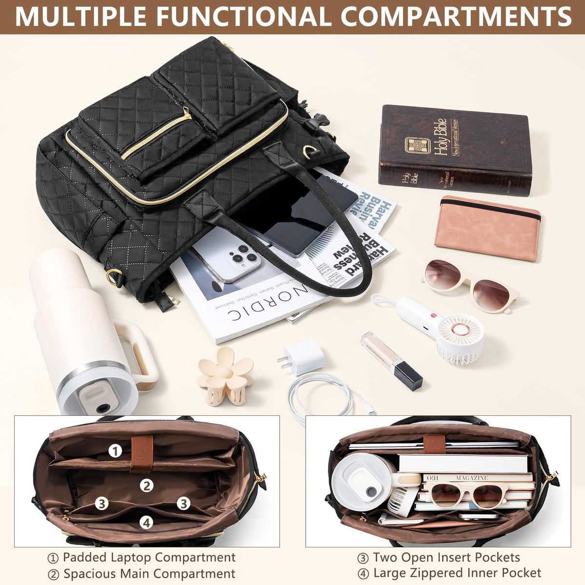 Large Bible Bag with Bible Cover Case for Women, Quilted Church Tote Bag Carrying Case w/Shoulder Strap Bible Study Supplies Journaling Kit Accessories Mothers Day Christian Gift for Women Mom Teacher