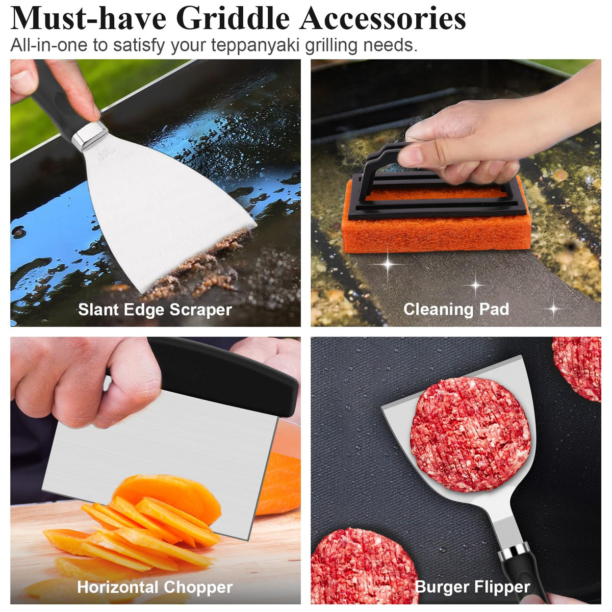 Grilliance 27pcs Griddle Accessories Kit for Blackstone, Professional Hibachi Flat Top Grill Tools, Enlarged Spatula Gift Set with Basting Cover，Burger Press Patty Maker for Outdoor BBQ Teppanyaki