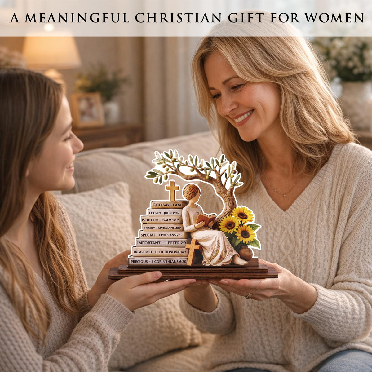 KATINAT Christian Gifts for Women, Bible Verse Desk Decor, God Says I Am Decorative Sign, Inspirational Religious Tabletop Plaque for Office Desk, Home, Prayer Room, Mother’s Day for Her
