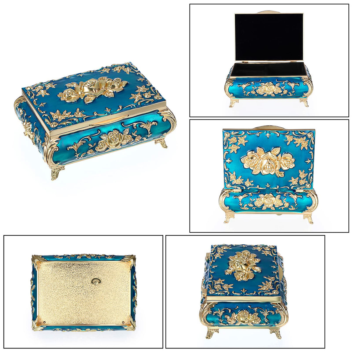 ELLDOO Vintage Music Box, Blue Metal Musical Jewelry Box Keepsake Box, Small Trinket Jewelry Storage Box Gift for Girl Women (Tune: You are My Sunshine)