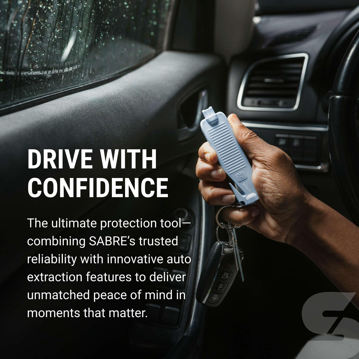 Sabre Safe Escape™ 3-in-1 Car Escape Tool for Car Safety with Spring-Loaded Window Breaker, No Swing Required, Seat Belt Cutter, LED Flashlight, Compact Auto Safety Tool for Emergencies