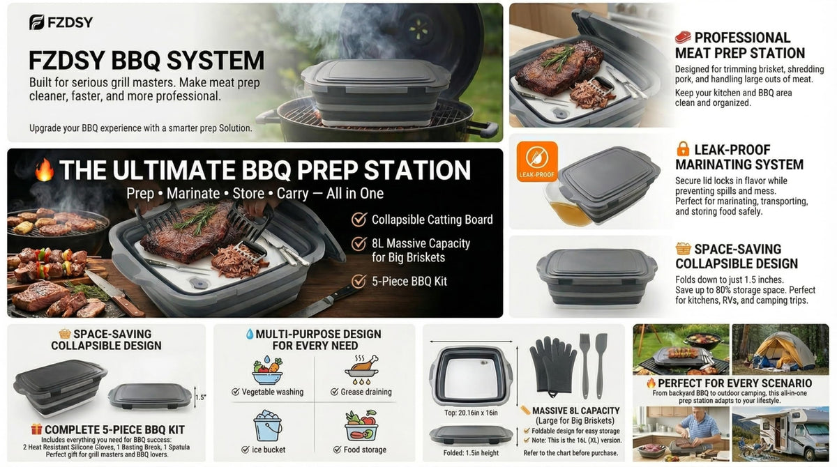 Collapsible BBQ Prep Tub with Lid & Cutting Board 8L - Meat Marinating Basin & Grill Carry System - 5pc Set with Heat Resistant Gloves, Basting Brush & Spatula(Black, Large, 8L)