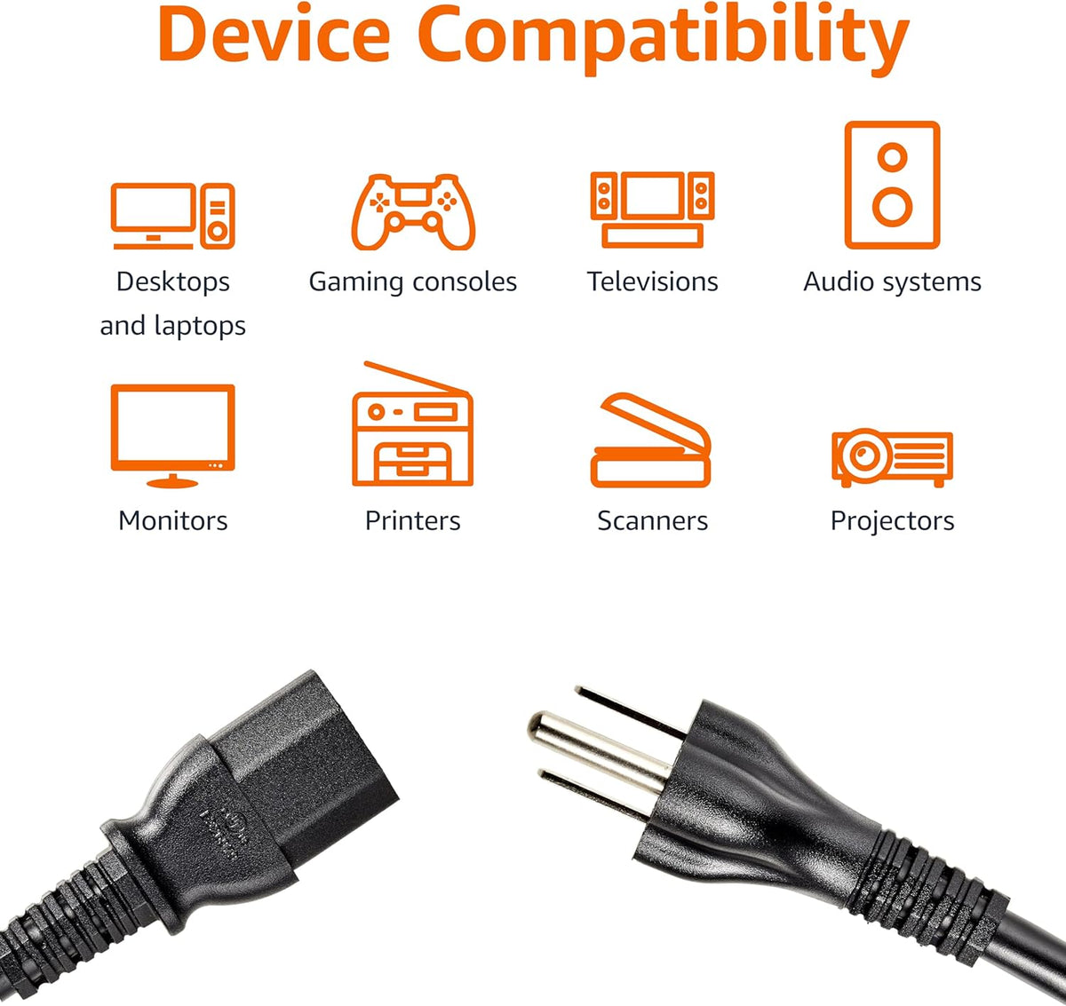 Amazon Basics 10 3 18 125 5-Pack PC Power Cord, feet, Compatible with Monitor, Computer, TV, Prong, AWG, Volts, Black