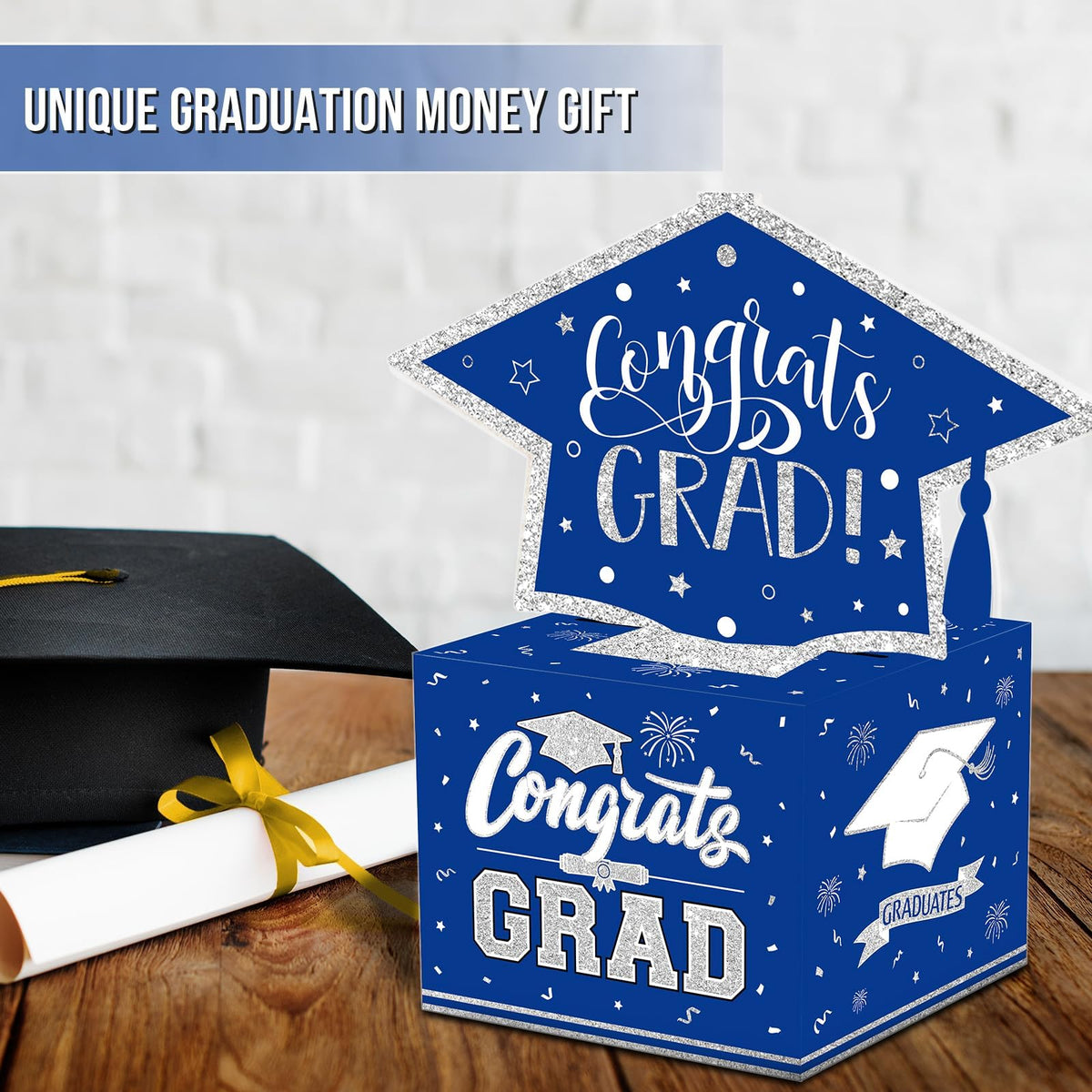 VABAMNA Class of 2026 Graduation Money Box for Cash Gift Pull, Funny Surprise DIY Cash Gift Idea Kit Graduation Money Holder for Boys Girls College High School Congrats Grad Party Favors, Blue Silver