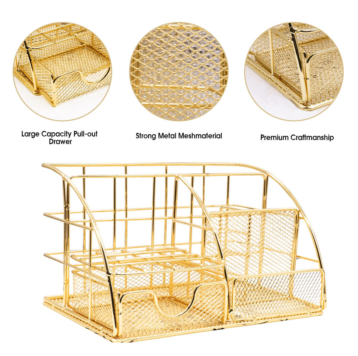 KAAKOW Gold Desk Organizers and Accessories Office Supplies Set Stapler, Pen Holder, Phone Holder, Scissors, Pen, Ruler, 30 Paper Clips, 22 Binder Clip, 20 Tacks and 1000pcs Staples (Gold)