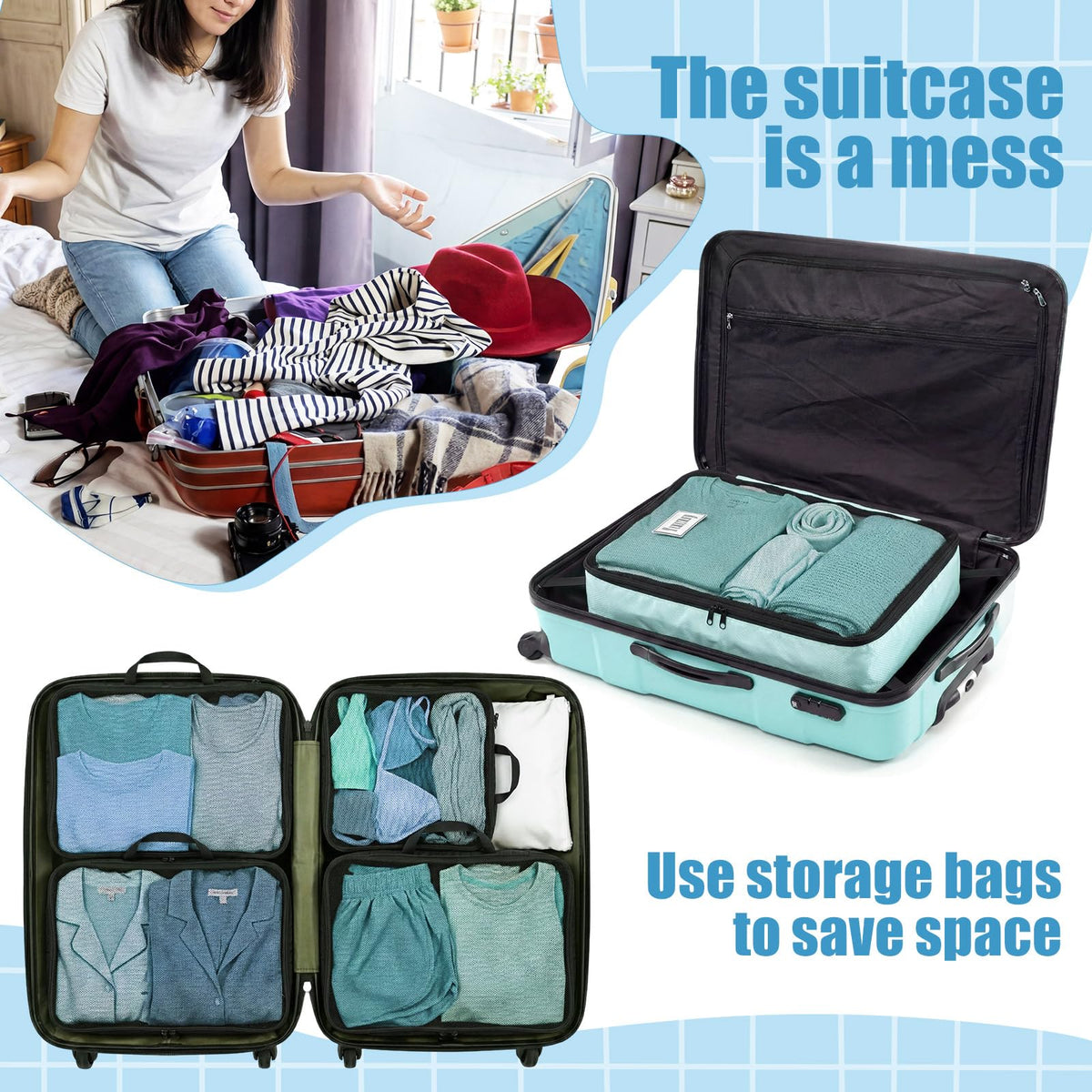 Bulyoou 7 Pcs Packing Cubes for Travel Days of Week Compression Packing Cube with Labels Organizers Luggage Storage Bag(Blue,Large)