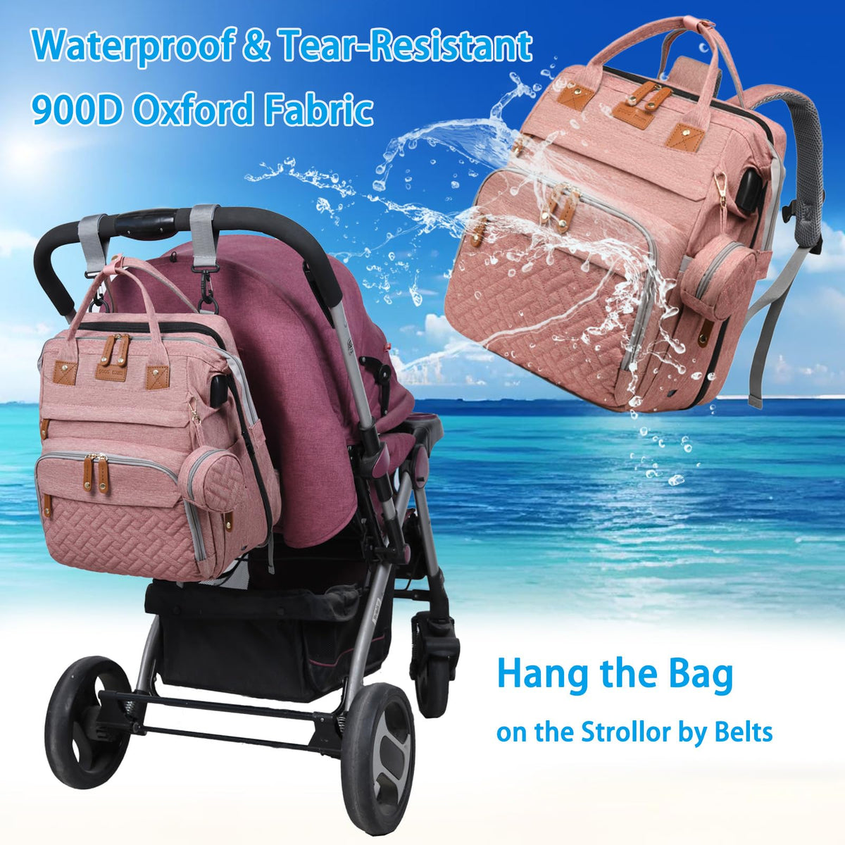 Jeryswet Baby Diaper Bags with Changing Station, Waterproof Large Capacity Diaper Bag Backpack for Moms Dads with USB Charging Port and Stroller Straps, Baby Shower Gifts, Pink