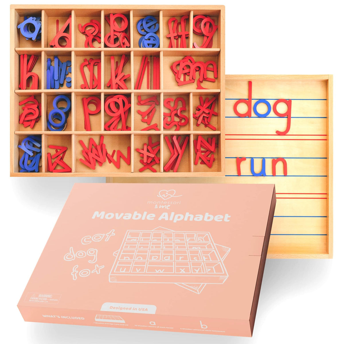 Movable Alphabet Montessori Wooden Letters - Moveable Alphabet With Box Mats - Lower Case for Writing, Reading, Spelling, and Language Learning Materials (Red and Blue)