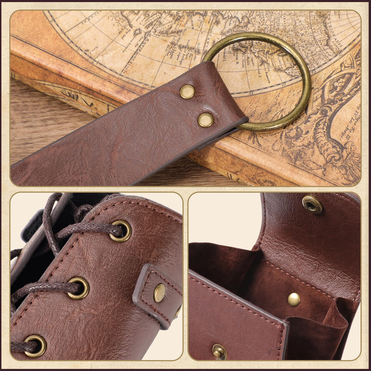 Berenlu 3 PCS Renaissance Accessories, Viking Renaissance Belt Medieval Vintage Belt Pouch and Leather Bracers, Enhance Your Halloween Renaissance Cosplay with Medieval Accessories (Brown)