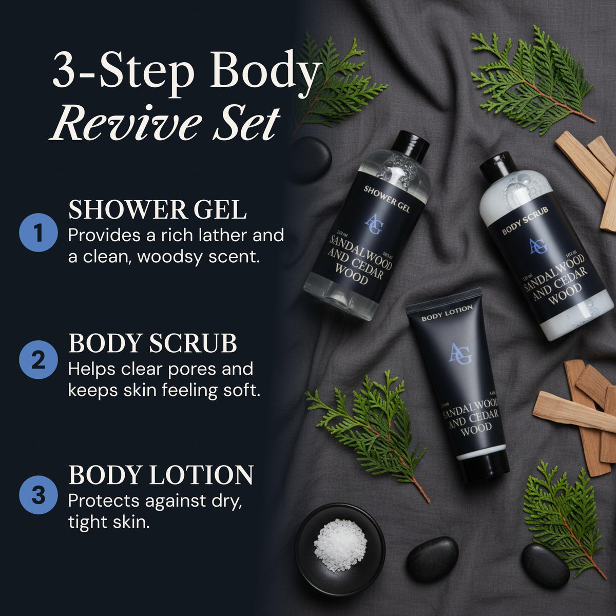 Adelegourdain Shower Kit Men, Bath and Body Gift Set For Him - Shower Gel, Body Scrub & Body Cream, Sandalwood & Cedar Scent, 3 pcs 720ml - Skin Care Kit Fathers Day Birthday Idea for Him