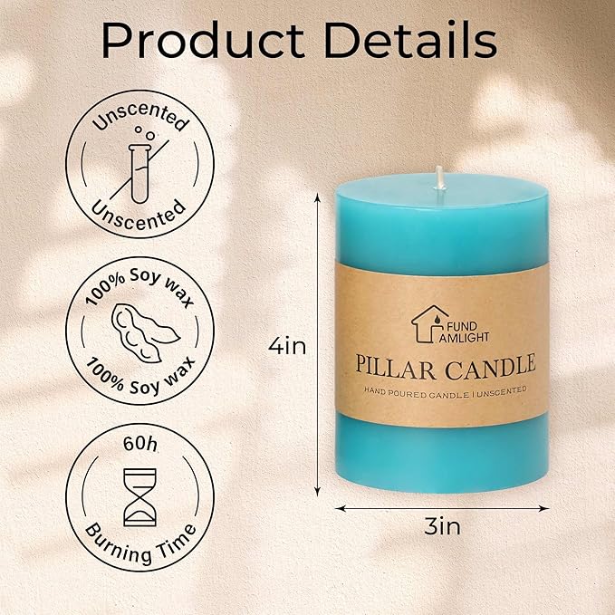 3x4 Inch Blue Pillar Candles Set of 3 - Decorative Unscented Pillar Candles, Long Burning Dripless Candles for Home Table Decor, Smokeless Large Pillar Candle, Wedding, Dinner, Rustic, Christmas Decor