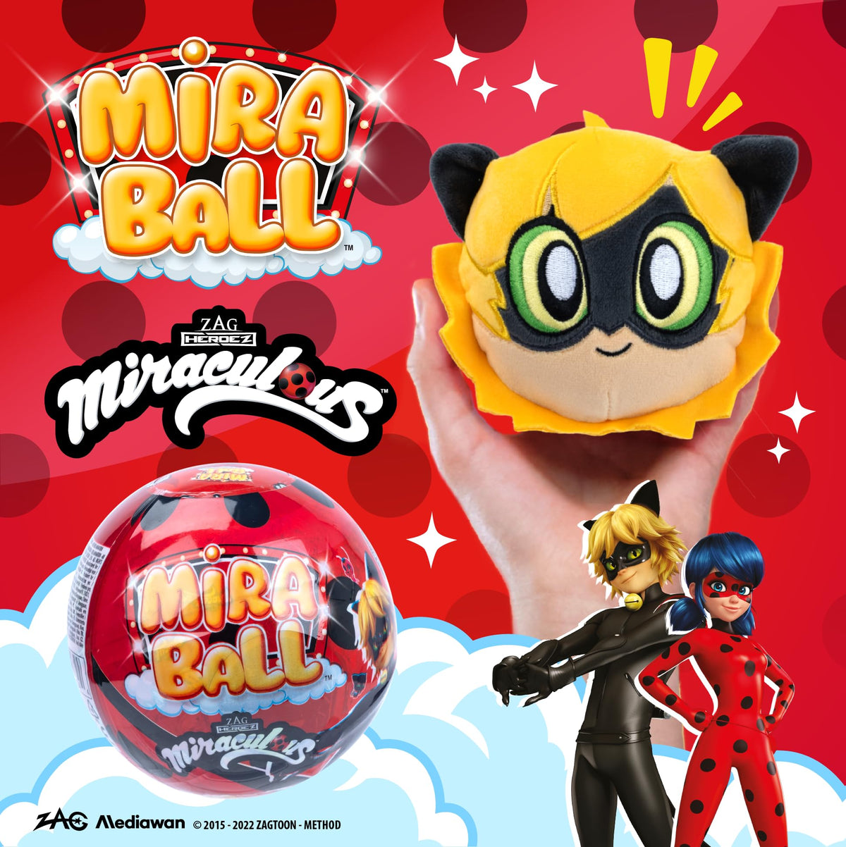 Miraculous Ladybug MiraBall, 3-in-1 Surprise, 4 Pack, Blind Box Toys for Kids - Collectable Characters from TV Shows - Metal Ball, Kwami Plush, Stickers, White Ribbon - Collect Them All