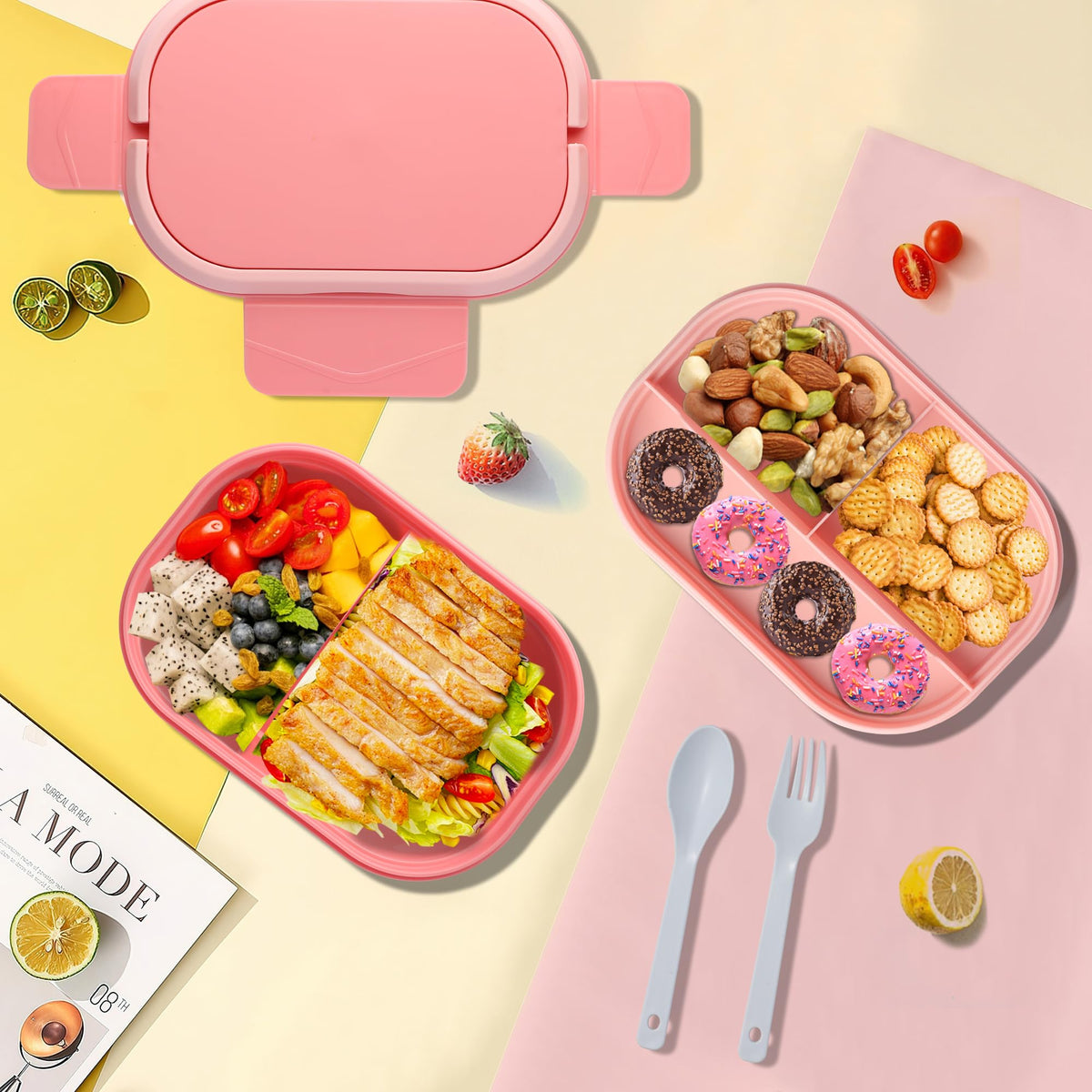 Itopor Leakproof Bento Box Adult Lunch Box with Hidden Handle, BPA-Free 5-Compartment Lunch Containers for Adults with Snack Tray & Utensils, Microwave & Dishwasher Safe, 5 Cup Pink