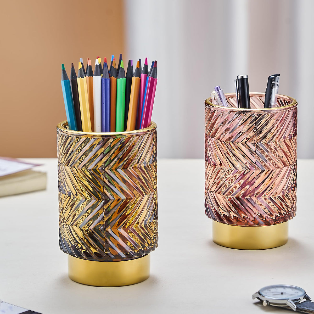 LEICURACE Makeup Brush Holder Organizer,Toothbrush Holders,Desk Pen Pencil Holder,Multifunctional Vintage Glass Brush Cup（A40-4-US）