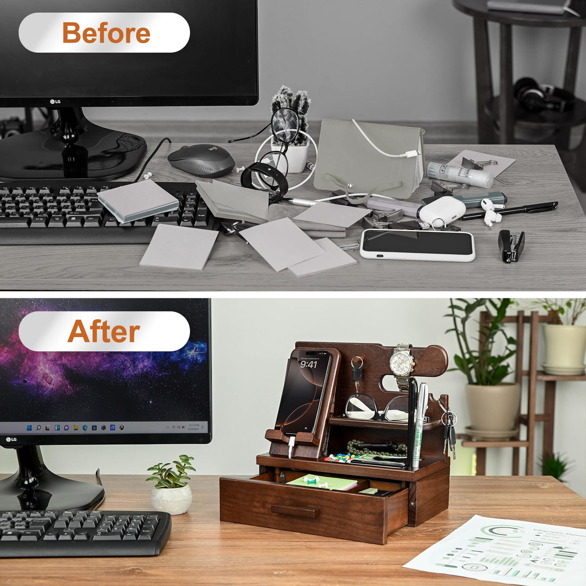TESLYAR Wood Phone Docking Station with Drawer - Nightstand Organizer - Desk Organizer for Husband - Birthday Gifts for Men, Dad, Anniversary, Key Holder Stand Watch, Accessories (Chocolate Brown)