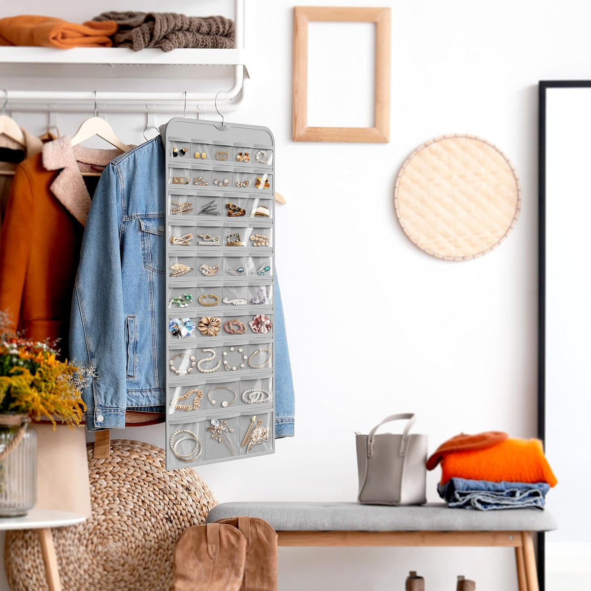 Simple Houseware Jewelry Organizer - 80-Pocket Hanging Storage for All Accessories | Gray