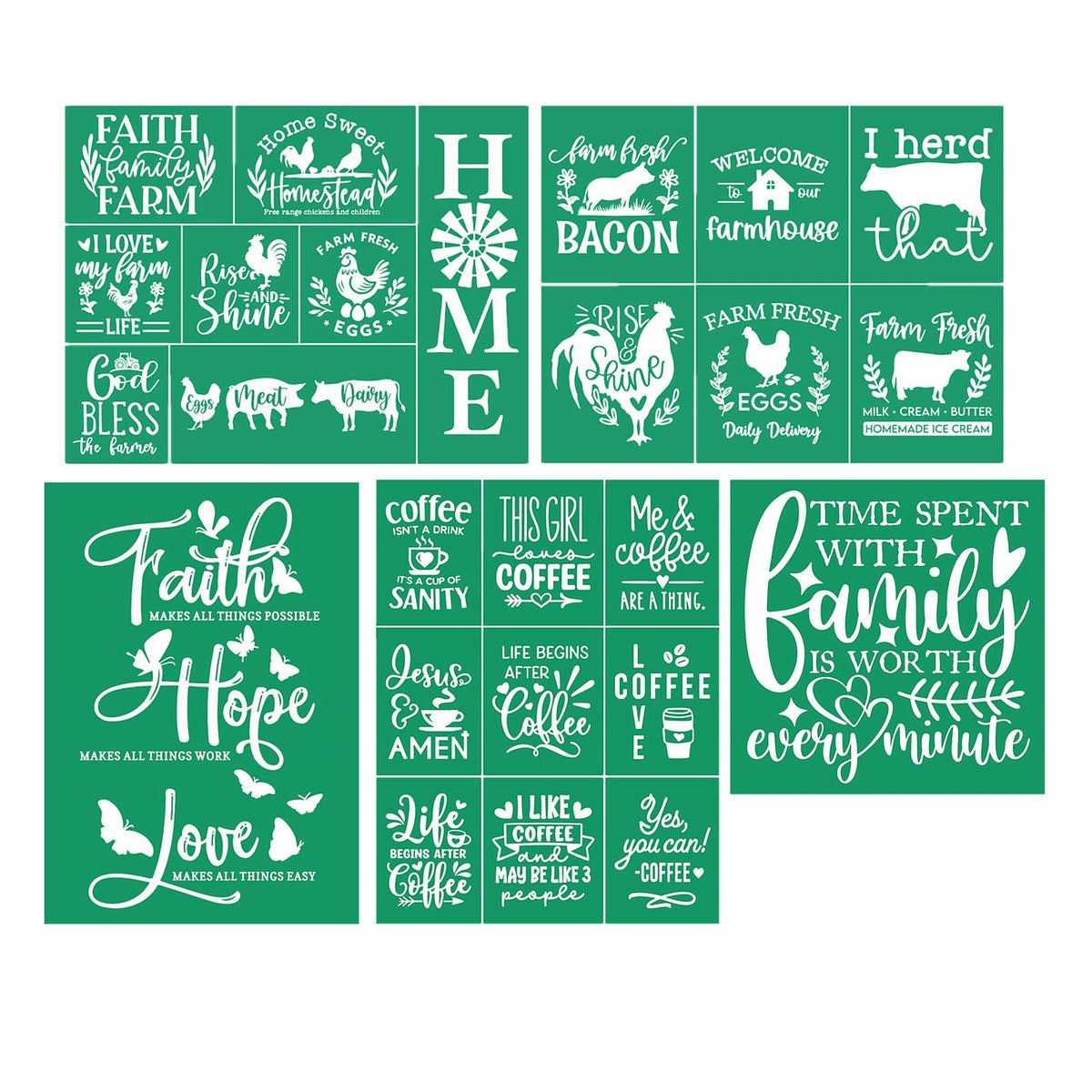 JAJADO Farmhouse/Coffee/Home/Family Silk Screen Stencils 5 Pcs, Silk Screen Transfer Reusable Adhesive Stencils Screen Printing Crafts Paint Stencils Painting on Wood/Fabric/Cup/Plate/Glass/Paper