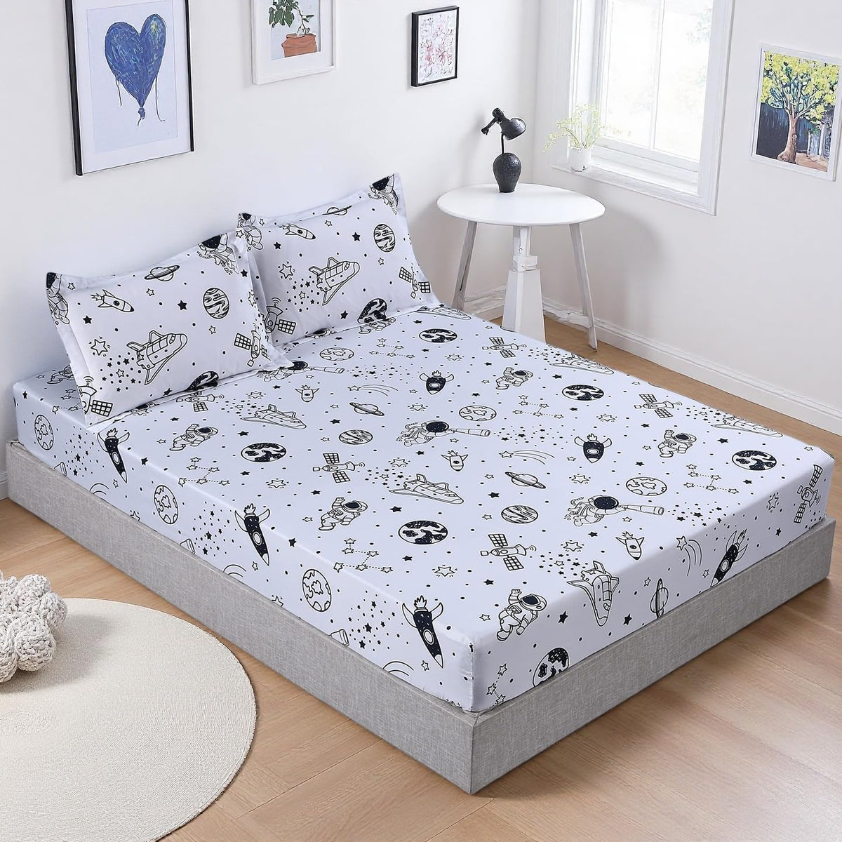 MAG 3 Pcs Space Sheets Twin,White Based Galaxy Planets Sheet Set,Super Soft Microfiber,for Kids Teens Boys Girls and Space Galaxy Lovers with 1 Fitted Sheet 14'' Deep Pocket and 2 Pillowcases.