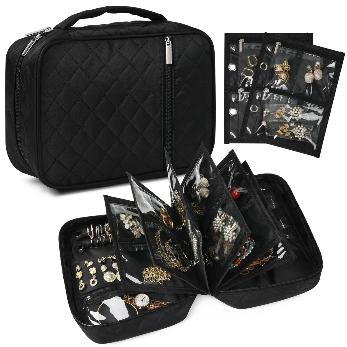 CEELGON Travel Jewelry Case Organizer and Storage Quilted Jewelry Pouch Box for Traveling Ring Necklace Earring Holder with Velvet Jewelry Binder Mini Portable Jewelry Bag (Black)