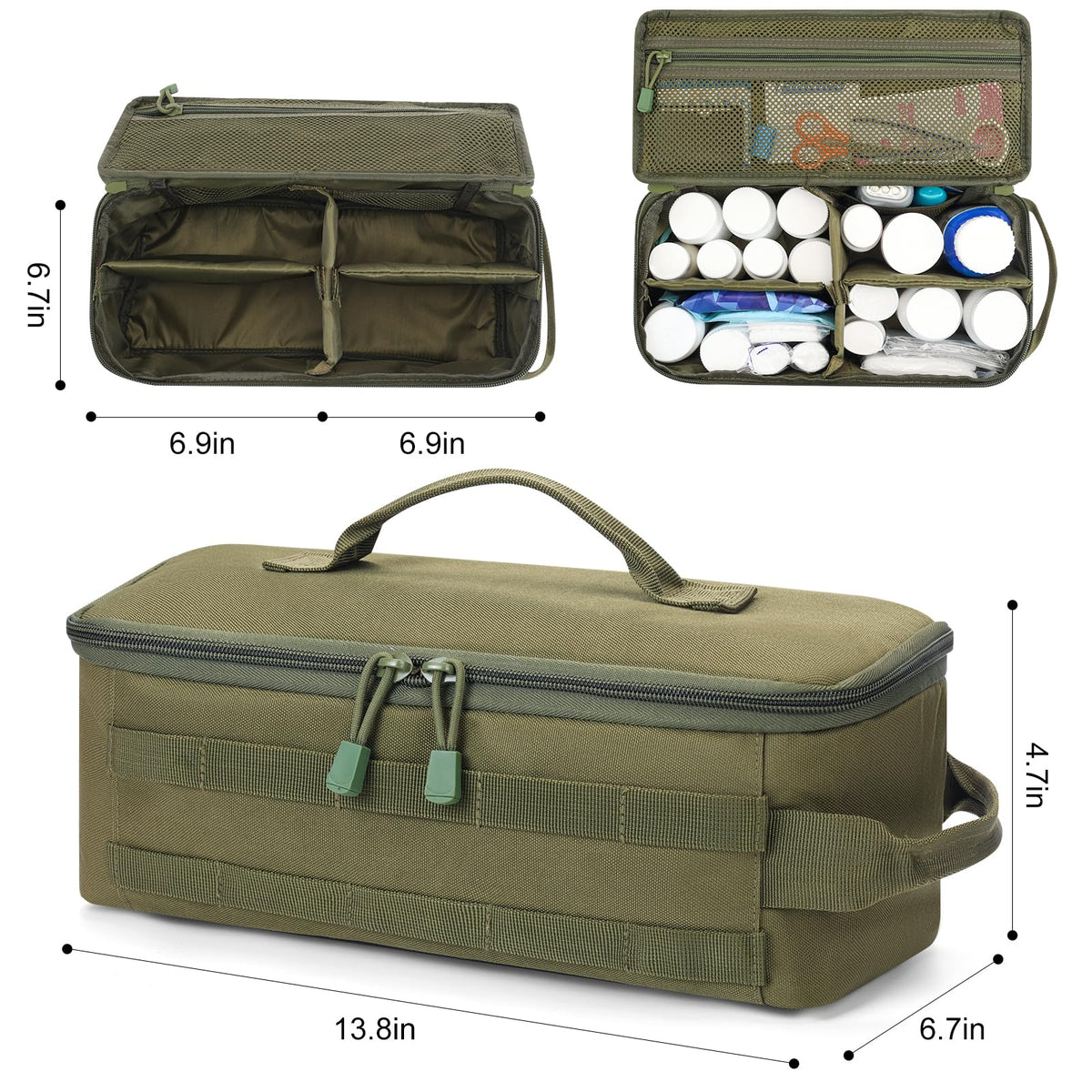 QISVVE First Aid Bag Empty Pill Box Organizer,Tactical Medical Bag Case,Portable EDC Travel Medicine Pill Bottle Organizer (Green)