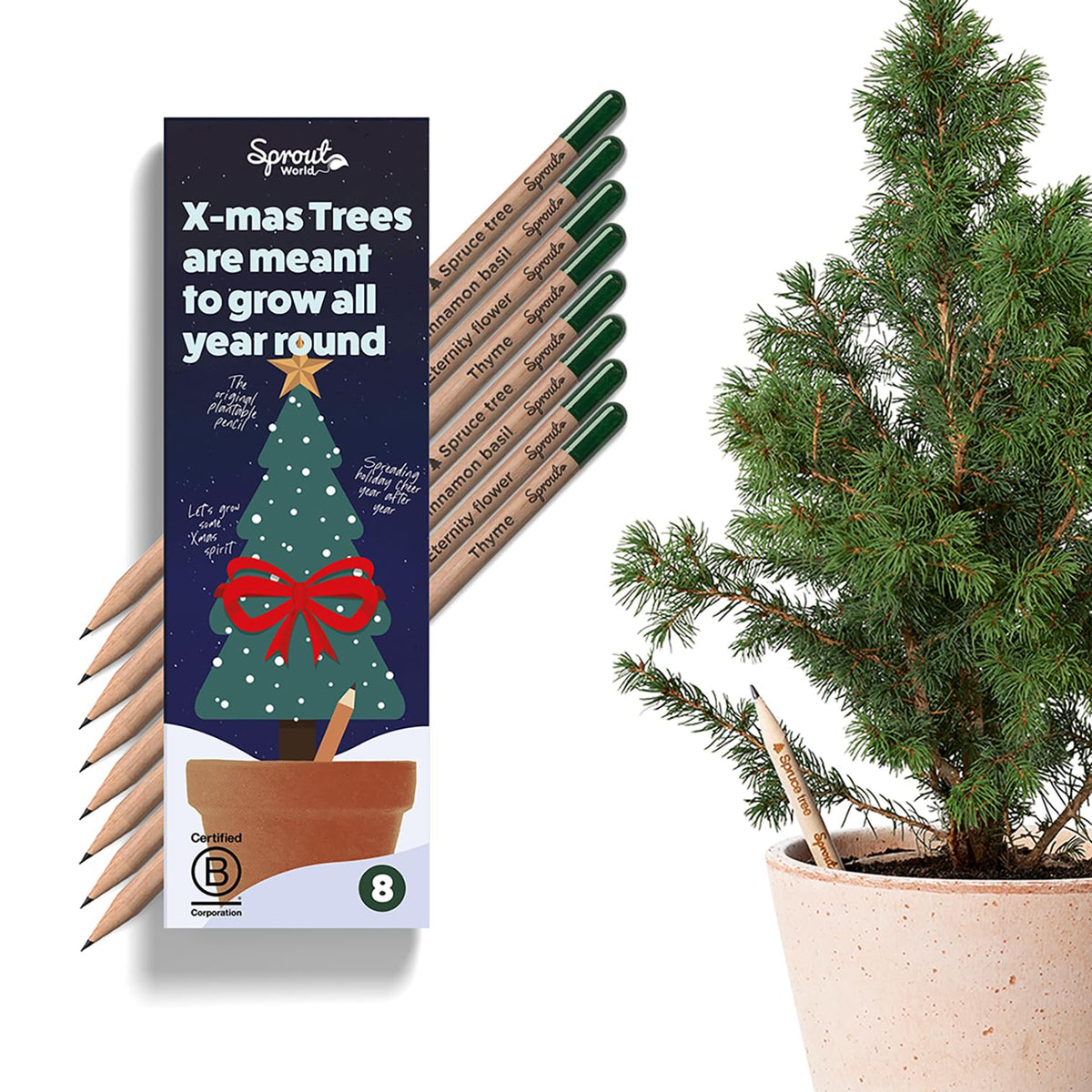 SproutWorld Plantable Pencils | Xmas Edition | Wood-Cased | Pre-Sharpened | HB Wooden Pencils with Assortment of Winter-Themed Seeds | Christmas Gift, Xmas Stocking Filler | 8 Pack