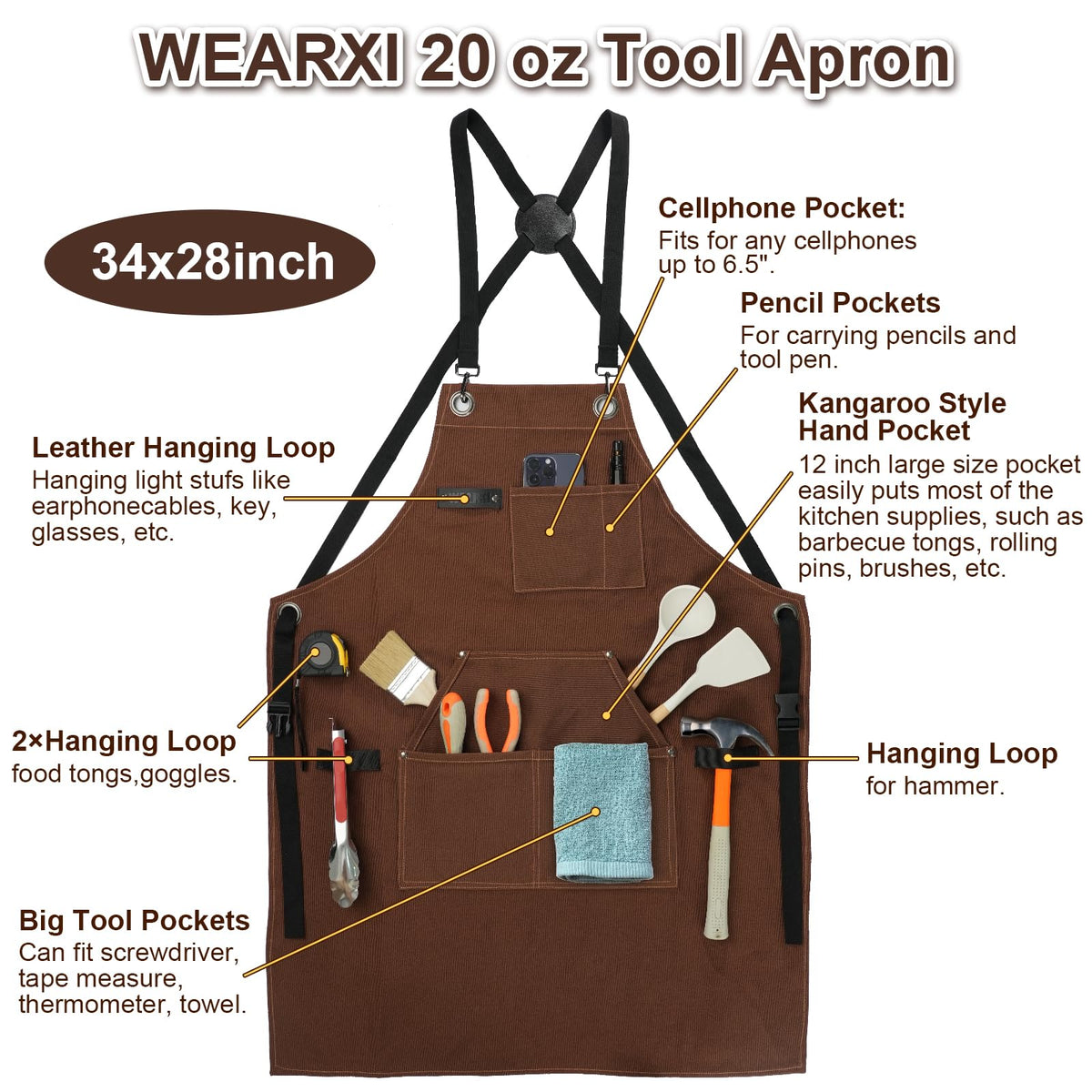 WEARXI Aprons for Men, Woodworking Apron with Tool Pockets, Canvas Work Apron for Woodworkers, Mechanics, Blacksmiths, Carpenters S-XXXL, Mens Aprons Gifts for Dad, Gifts for Father Day, Dad Gifts