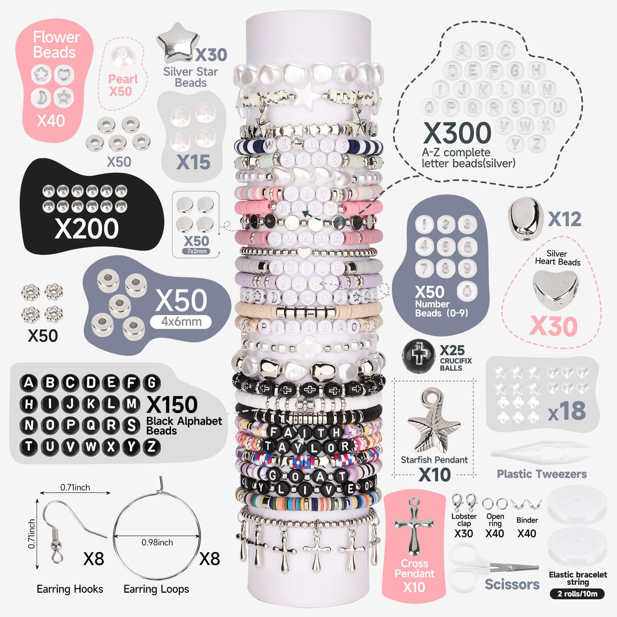 Pizooro Bracelet Making Kit 3 Boxes,Clay Beads for Jewelry Making,Silver Letter Bead with Cross Charm,Silver Earrings and Elastic String,Friendship Bracelet for Women,Birthday Gifts for Women Girls