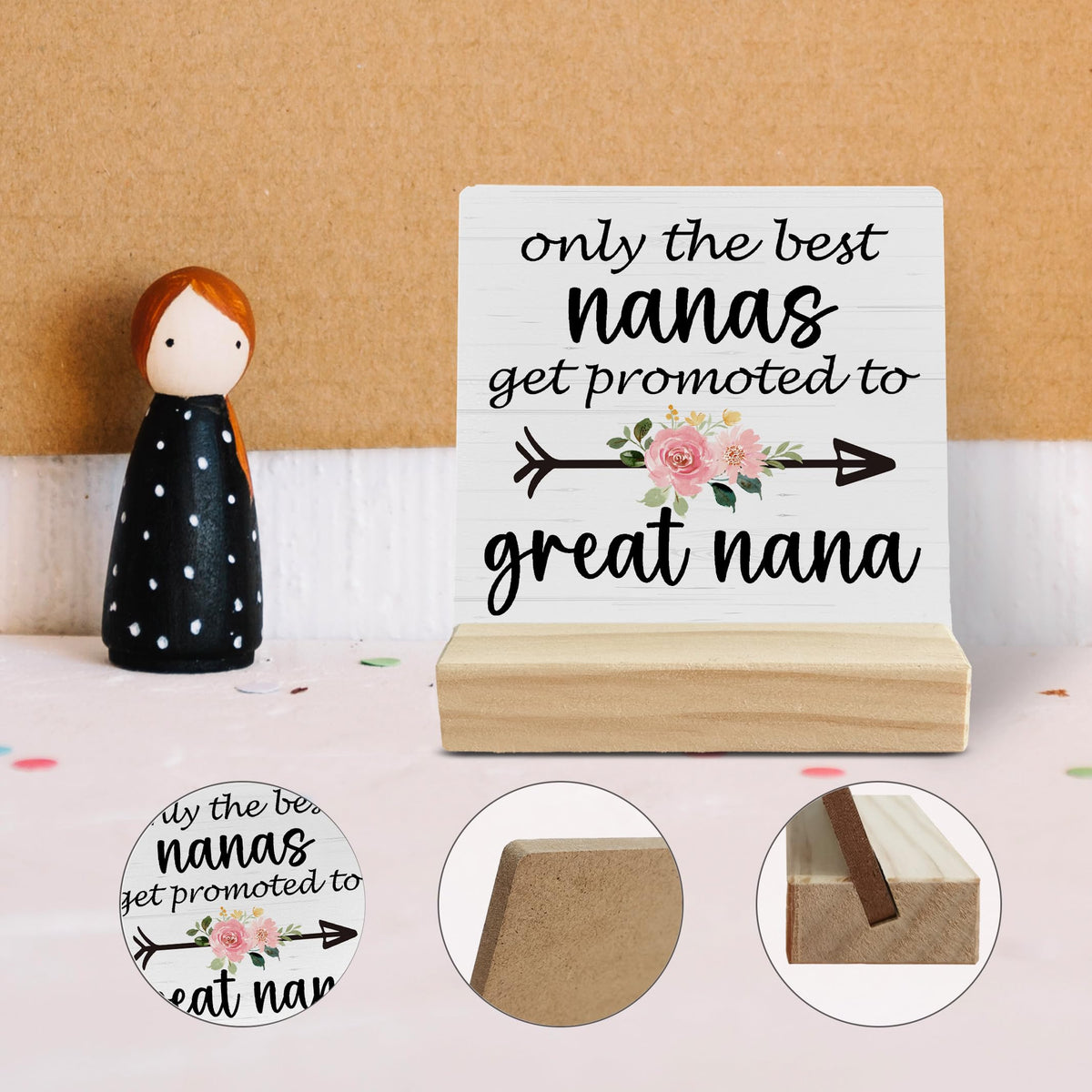 FUGWN Great Nana Gifts Desk Decor, Pregnancy Announcement for Grandma Wood Desk Sign, Gifts for Great Nana Grandma, Promoted to Great Nana Wooden Plaque with Wood Stand for Home Table Decor