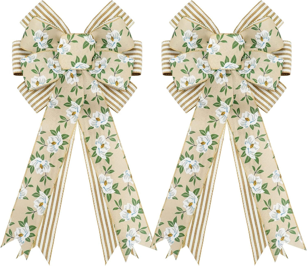 Whaline Spring Magnolia Wreath - Rustic Wired Edge Bow | Large 11 x 21 Inch Floral Decor for Home & Parties