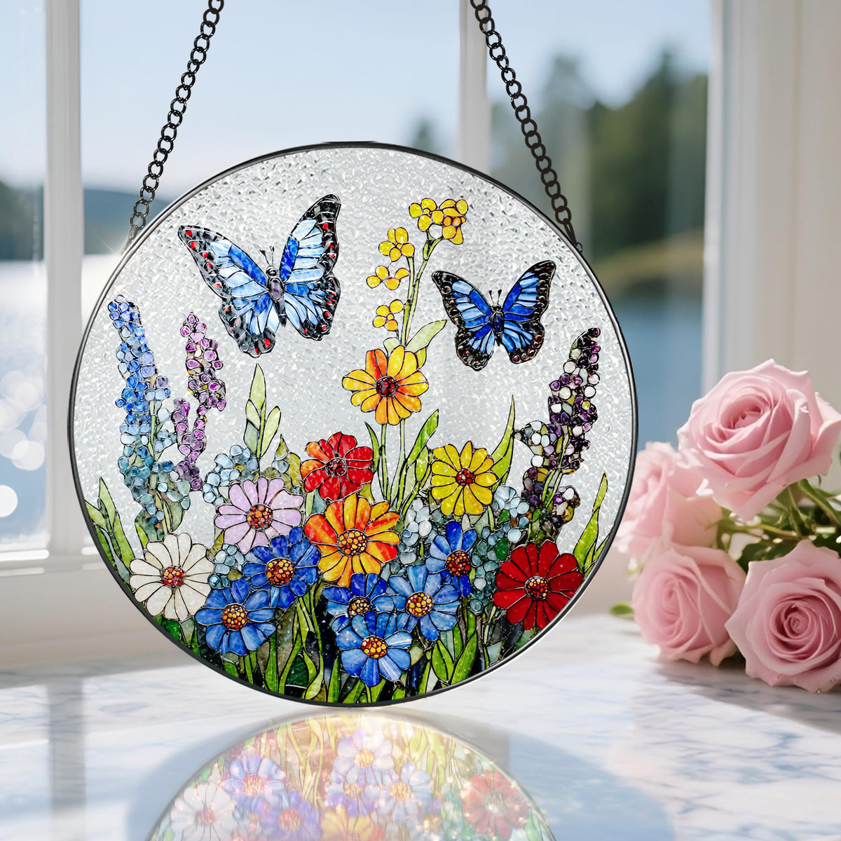 Stained Glass Window Hanging, 8 Inch Stained Glass Suncatcher Ornament, Suncatchers for Windows Hanging, Window Decor, Gift for Mothers Day, Butterfly Lover Gifts, Flower Lover Gifts