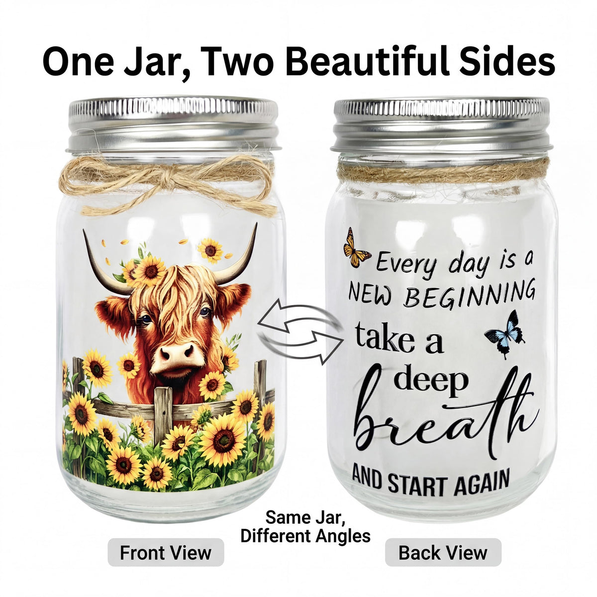 Highland Cow Inspirational Gifts for Women - Double-Sided Decorative Mason Jar Light, New Beginning Self Care Motivational Sunflower Decor Gift for Friends Daughter Sister Coworker
