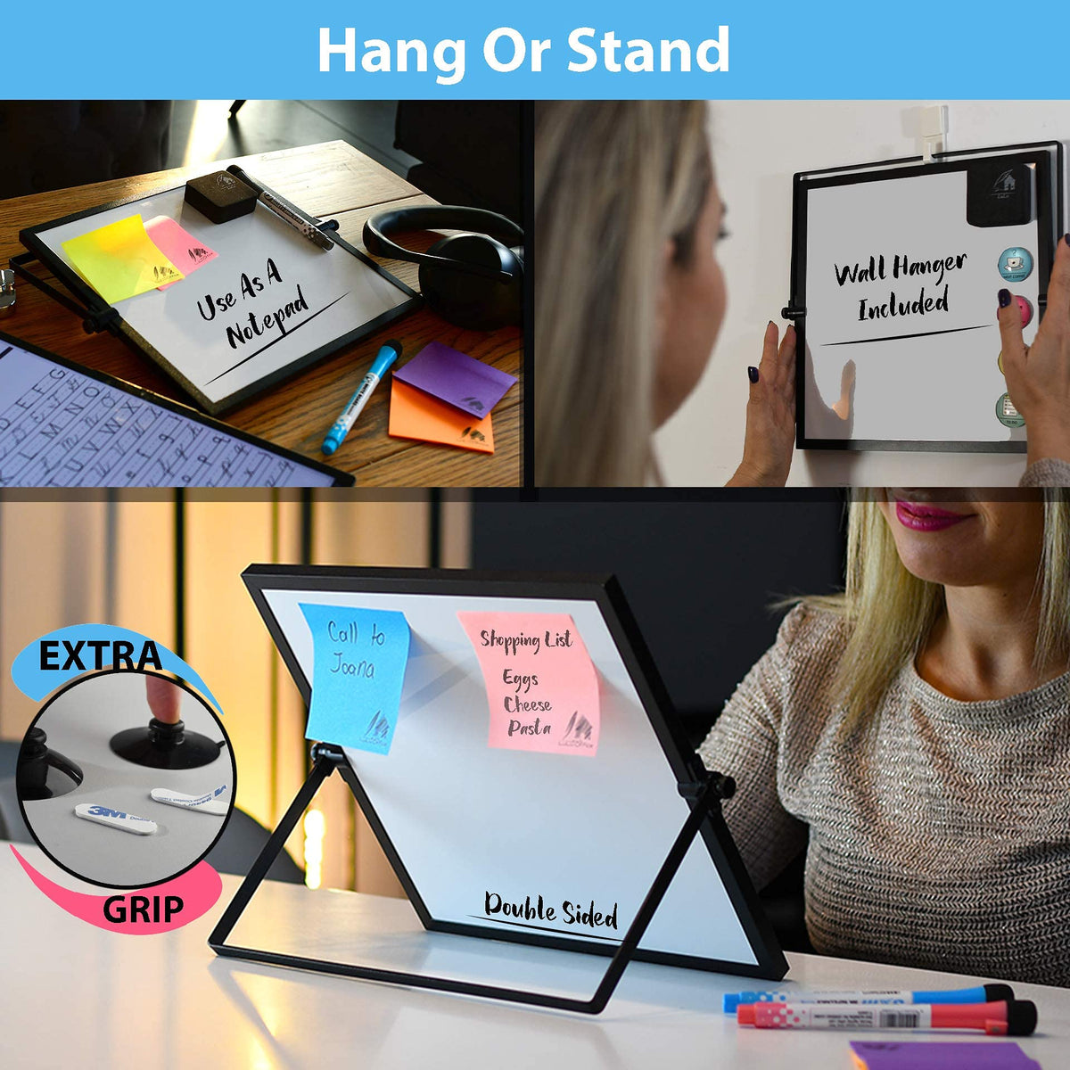 Small Dry Erase White Board 10"X10"- Desktop Whiteboard Black Frame with Stand, 3 Markers, 4 Magnets & Eraser - Double-Sided Portable Mini to Do List White Board for Office Desk, Kids Home School
