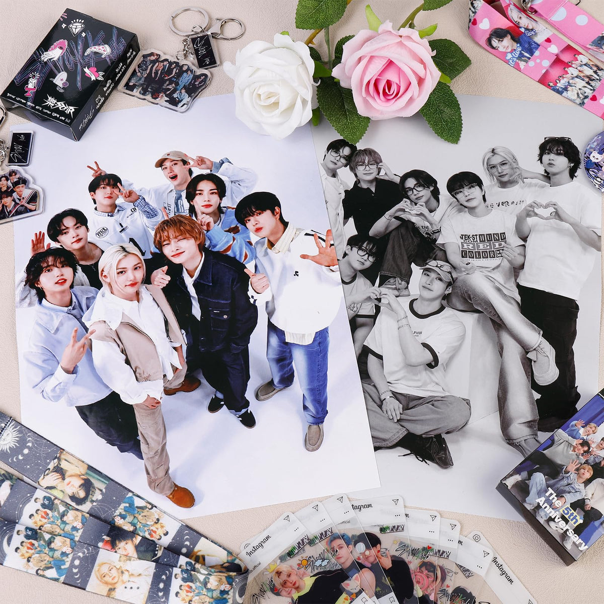 Stray Kids Gifts Set, Including 110 Photocards, 180 Stickers, 1 Drawstring Bag Backpack, 24 Lomo Cards, 3 Design Bracelet, 2 Adhesive Posters, 2 Lanyards, 2 Pins and Keychain SKZ's Fans Merchandise